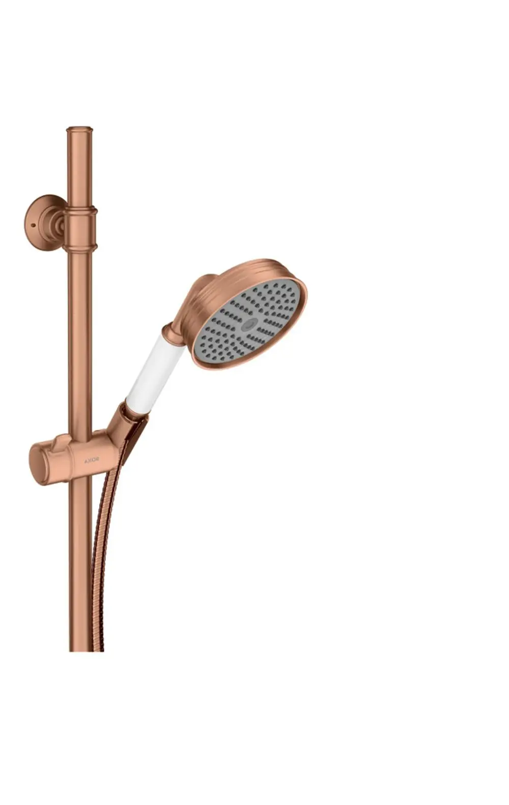 Handbrause in Roségold mit verstellbarem Halter, montiert an einer senkrechten Stange. Axor-Logo sichtbar auf der Handbrause.